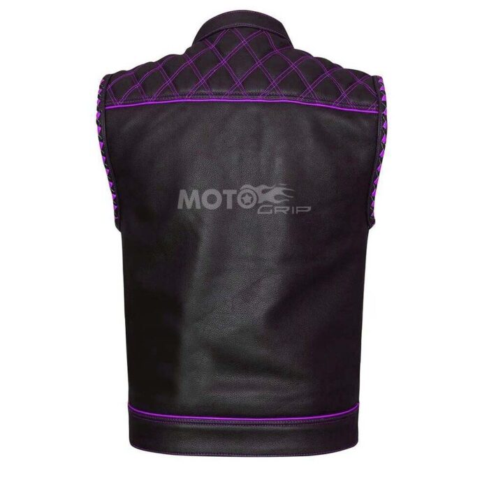 Men's Black Leather Vest Diamond Motorbike Motorcycle Concealed Purple Paisley inside Waistcoat - Image 3