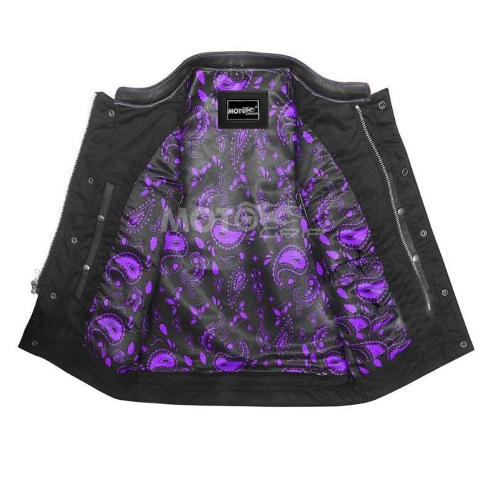 Men's Black Leather Vest Diamond Motorbike Motorcycle Concealed Purple Paisley inside Waistcoat - Image 2