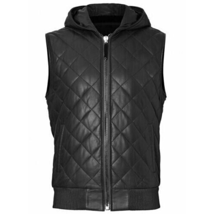 Real Lambskin Black Leather Men's Leather Vest Quilted Hooded Vest - Image 2
