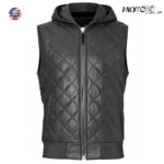 Real Lambskin Black Leather Men's Leather Vest Quilted Hooded Vest