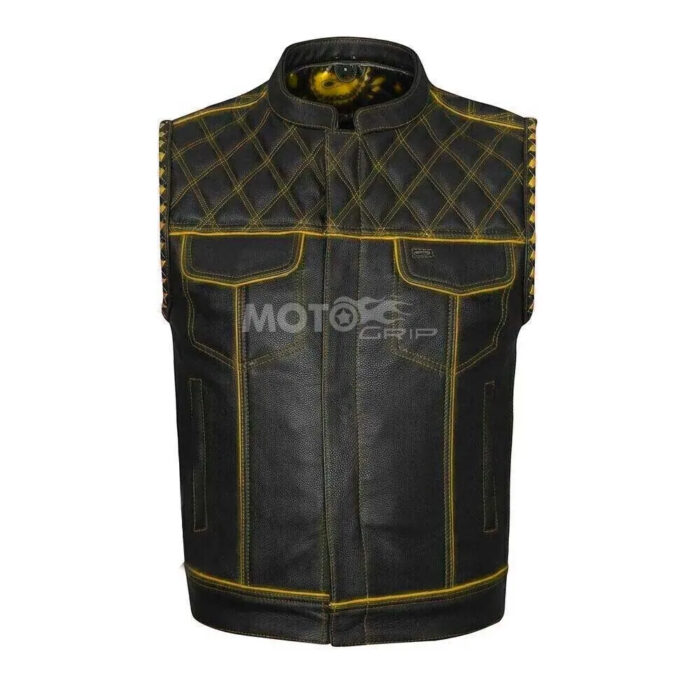 Men's Black Leather Vest Diamond Motorbike Motorcycle Concealed Yelow Waistcoat - Image 3