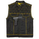 Men's Black Leather Vest Diamond Motorbike Motorcycle Concealed Yelow Waistcoat - Image 4