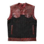 Men's Black & Red Leather Denim Vest W/ Crocodile embossed Concealed Waistcoat