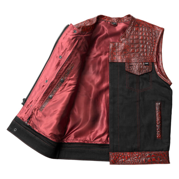 Men's Black & Red Leather Denim Vest W/ Crocodile embossed Concealed Waistcoat - Image 2