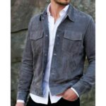 Men's Gray Suede Leather Shirt Trucker Jacket Soft Leather Jean Style Retro Coat - Image 2