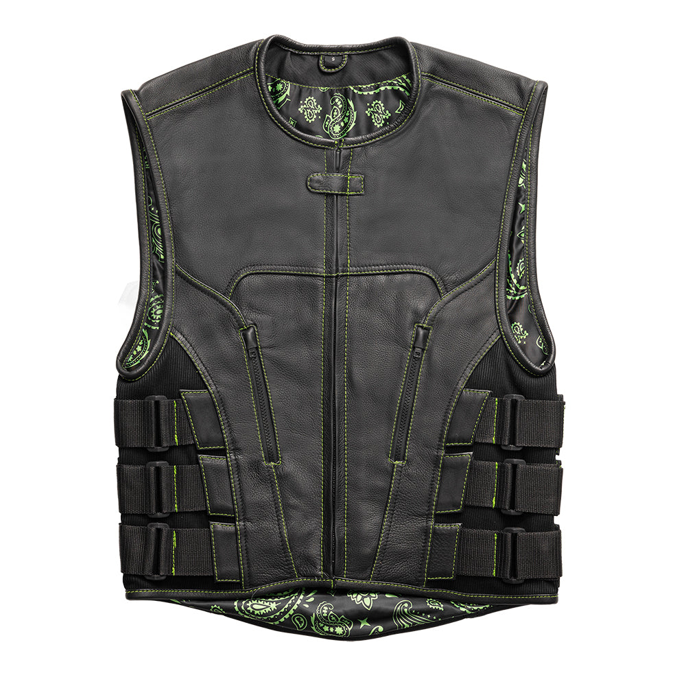 86 Men's Swat Style Black Leather Vest W/ Green Paisley Lining Motorbike Side Strap Waistcoat - Image 1