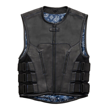 Men's Swat Style Black Leather Vest W/ Blue Paisley Lining Motorbike Side Strap Waistcoat