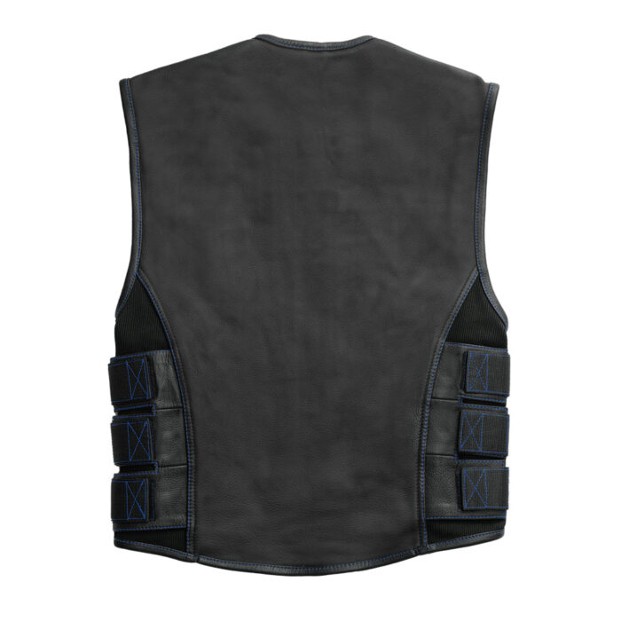 Men's Swat Style Black Leather Vest W/ Blue Paisley Lining Motorbike Side Strap Waistcoat - Image 3