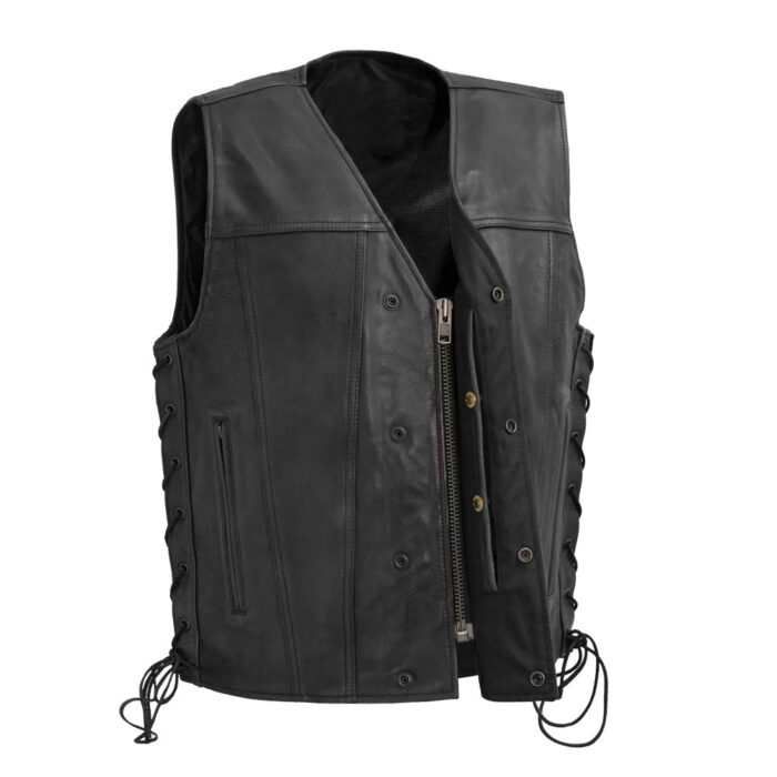 High Roller Men's Motorcycle Leather Vest - Black - Image 2