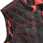 MotoGrip Men's Leather Vest Red Checker & Orange Thread Concealed Waistcoat - Image 3