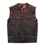 MotoGrip Men's Leather Vest Red Checker & Orange Thread Concealed Waistcoat