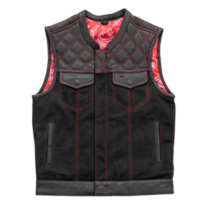 Men's Biker Leather Vest Black Denim & Leather Red Diamond Red Paisley Motorcycle Vest