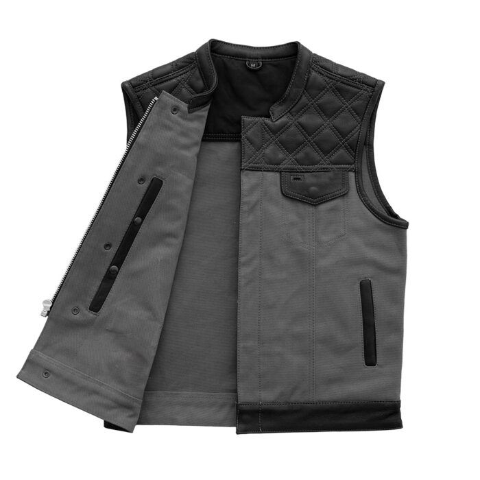 Hunt Club Motorcycle Leather Canvas Vest Grey - Image 2