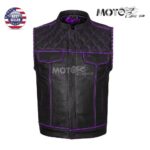 Men's Black Leather Vest Diamond Motorbike Motorcycle Concealed Purple Paisley inside Waistcoat