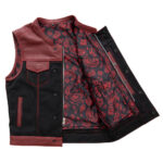 Black Red Leather/Denim Men's Motorcycle Concealed Paisley lining Biker Vest - Image 2