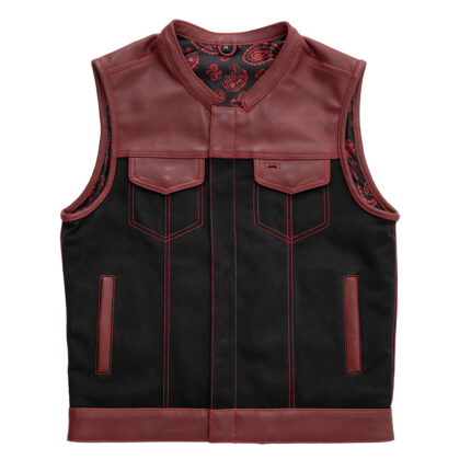 Black Red Leather/Denim Men's Motorcycle Concealed Paisley lining Biker Vest