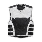 Men's Swat Style Black & White Leather Vest W/ White Paisley Lining Motorbike Side Strap Waistcoat