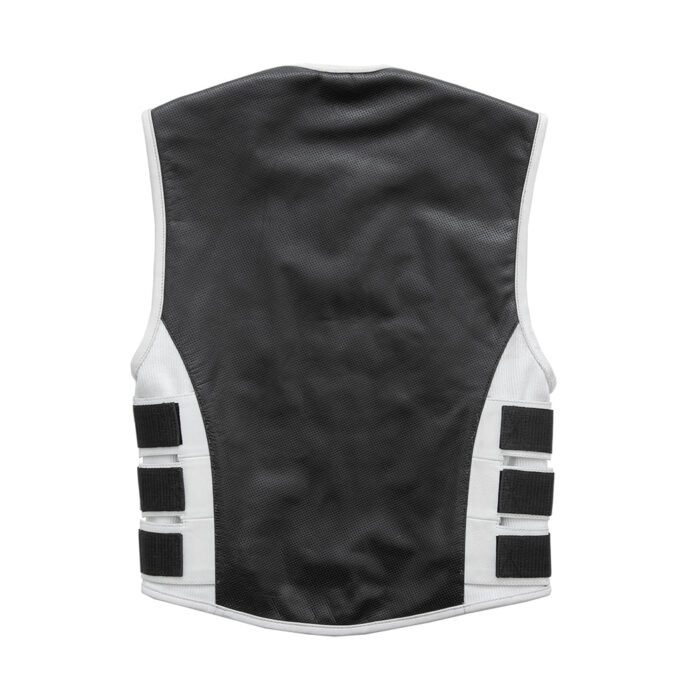 Men's Swat Style Black & White Leather Vest W/ White Paisley Lining Motorbike Side Strap Waistcoat - Image 3