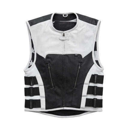 Men's Swat Style Black & White Leather Vest W/ White Paisley Lining Motorbike Side Strap Waistcoat