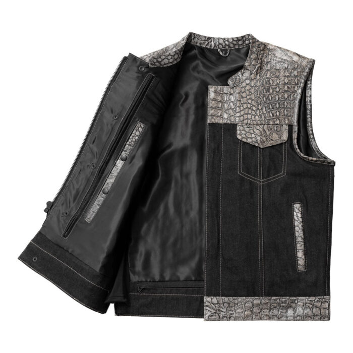 Men's Black & Gray Leather Denim Vest W/ Crocodile embossed Concealed Waistcoat - Image 2