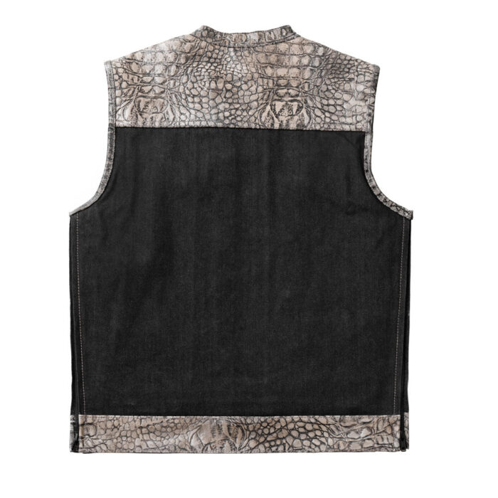 Men's Black & Gray Leather Denim Vest W/ Crocodile embossed Concealed Waistcoat - Image 3