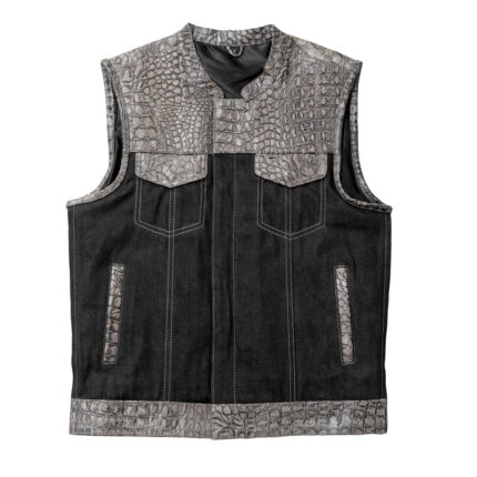 Men's Black & Gray Leather Denim Vest W/ Crocodile embossed Concealed Waistcoat