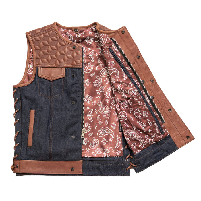 Red Label - Men's Club Style Leather/Denim Motorcycle Vest - Limited Edition - Image 2
