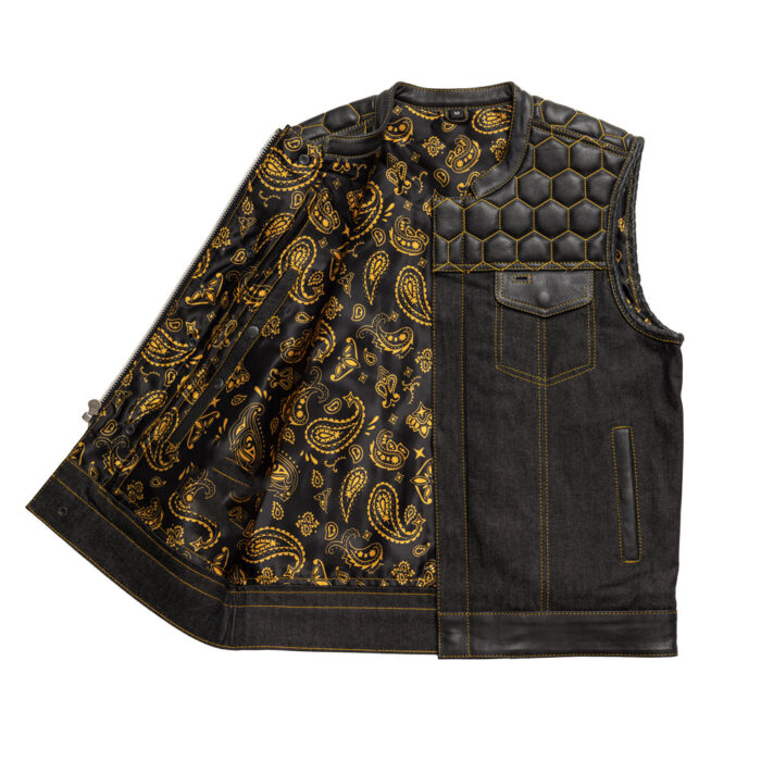 MotoGrip Men's Leather Vest Gold paisley lining & Gold Thread Concealed Waistcoat - Image 2