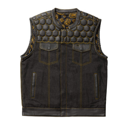 MotoGrip Men's Leather Vest Gold paisley lining & Gold Thread Concealed Waistcoat