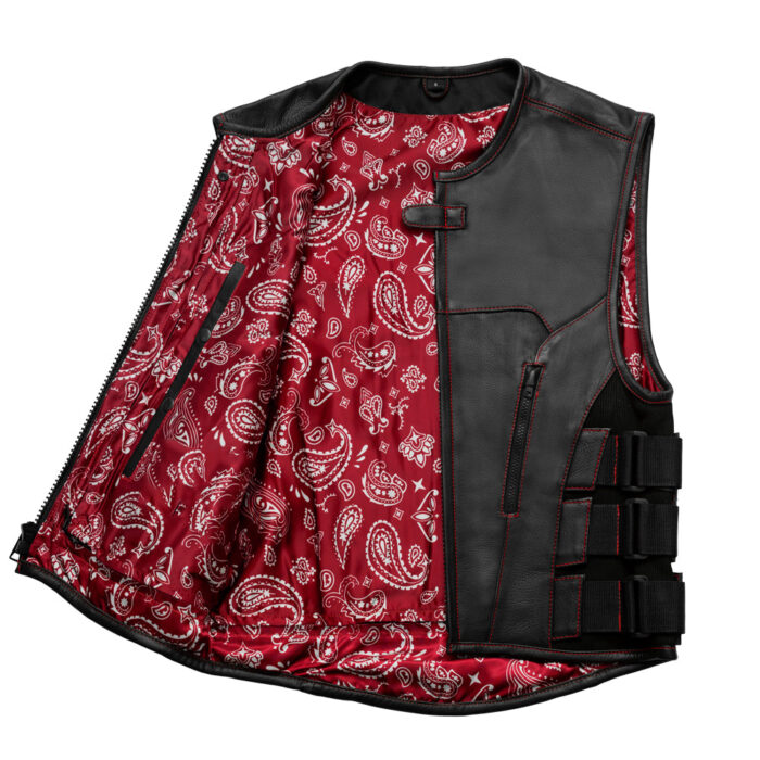 MotoGrip Swat Style Black Leather Men's Motorcycle Concealed Red Paisley lining & Side Strap Vest - Image 2