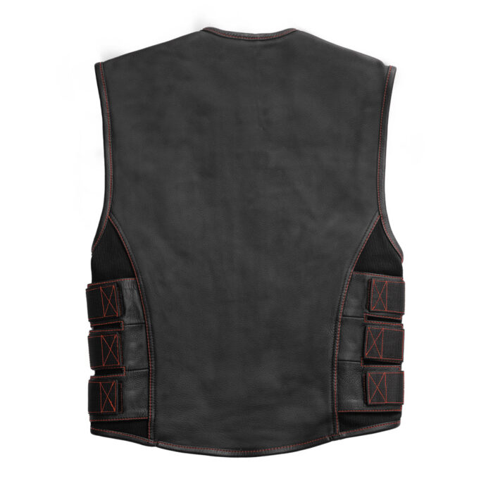MotoGrip Swat Style Black Leather Men's Motorcycle Concealed Red Paisley lining & Side Strap Vest - Image 3