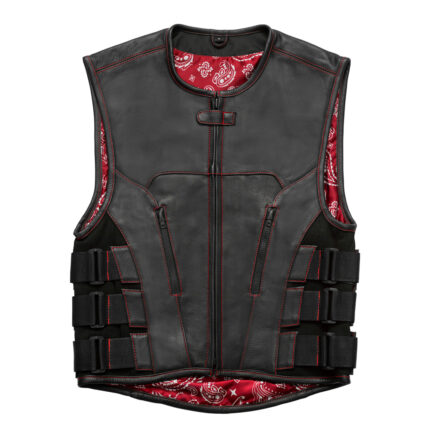 MotoGrip Swat Style Black Leather Men's Motorcycle Concealed Red Paisley lining & Side Strap Vest