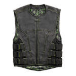 Men's Swat Style Black Leather Vest W/ Green Paisley Lining Motorbike Side Strap Waistcoat