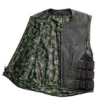 Men's Swat Style Black Leather Vest W/ Green Paisley Lining Motorbike Side Strap Waistcoat - Image 2