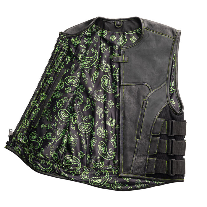Men's Swat Style Black Leather Vest W/ Green Paisley Lining Motorbike Side Strap Waistcoat - Image 2