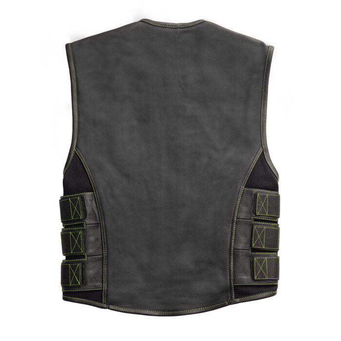 Men's Swat Style Black Leather Vest W/ Green Paisley Lining Motorbike Side Strap Waistcoat - Image 3