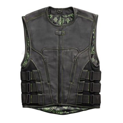 Men's Swat Style Black Leather Vest W/ Green Paisley Lining Motorbike Side Strap Waistcoat