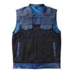 Men's Black & Blue Leather Denim Vest W/ Crocodile embossed Concealed Waistcoat