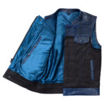 Men's Black & Blue Leather Denim Vest W/ Crocodile embossed Concealed Waistcoat - Image 2