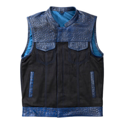 Men's Black & Blue Leather Denim Vest W/ Crocodile embossed Concealed Waistcoat