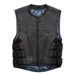 Men's Swat Style Black Leather Vest W/ Blue Paisley Lining Motorbike Side Strap Waistcoat