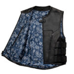 Men's Swat Style Black Leather Vest W/ Blue Paisley Lining Motorbike Side Strap Waistcoat - Image 2