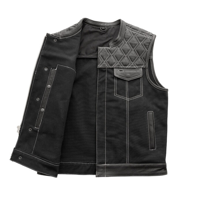 Hunt Club Motorcycle Leather Canvas Vest White Stitch - Image 2